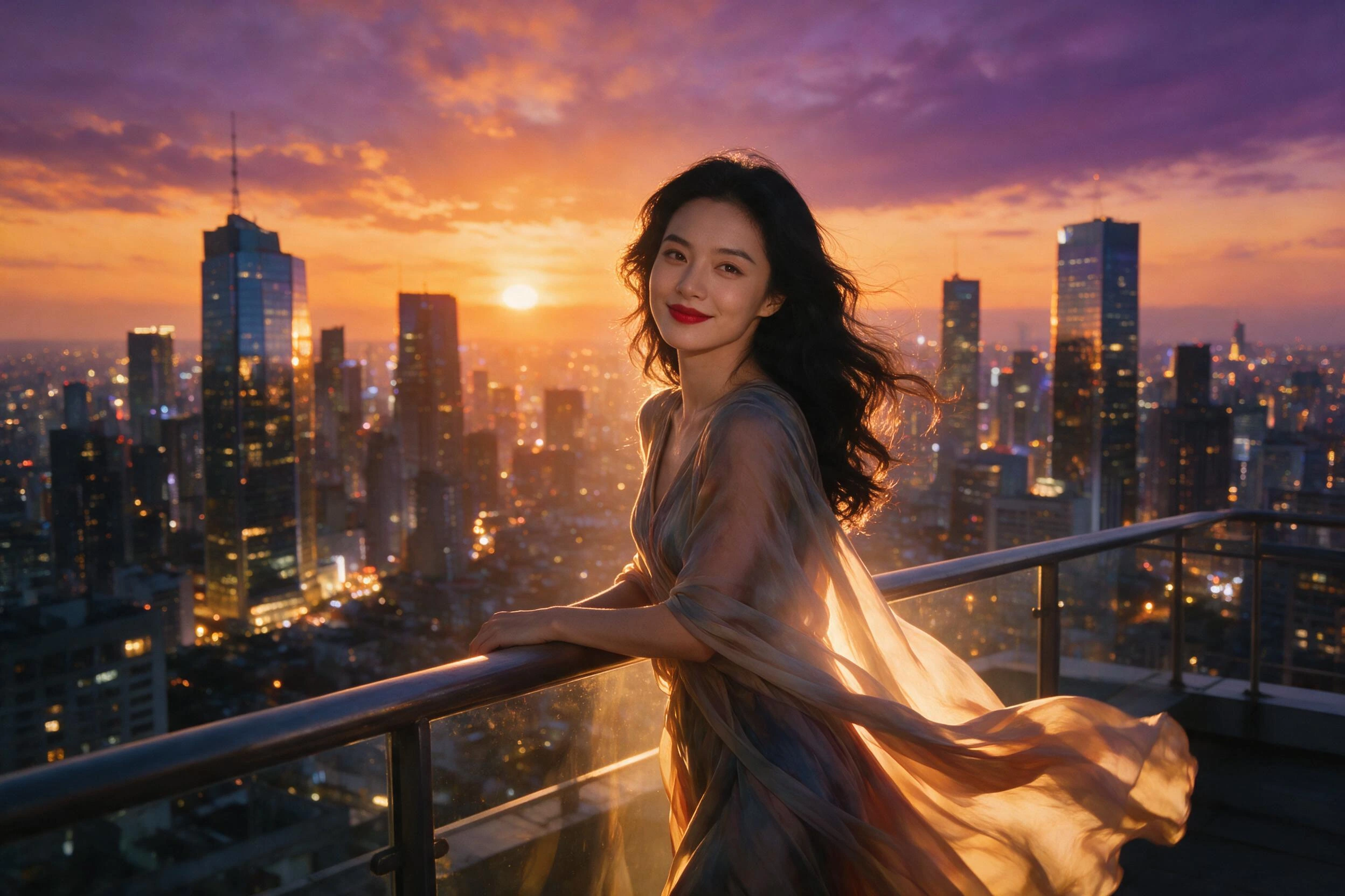 Photoreal render of a beautiful woman on a rooftop at dusk with the city skyline behind her, generated on Creamify's Dream engine