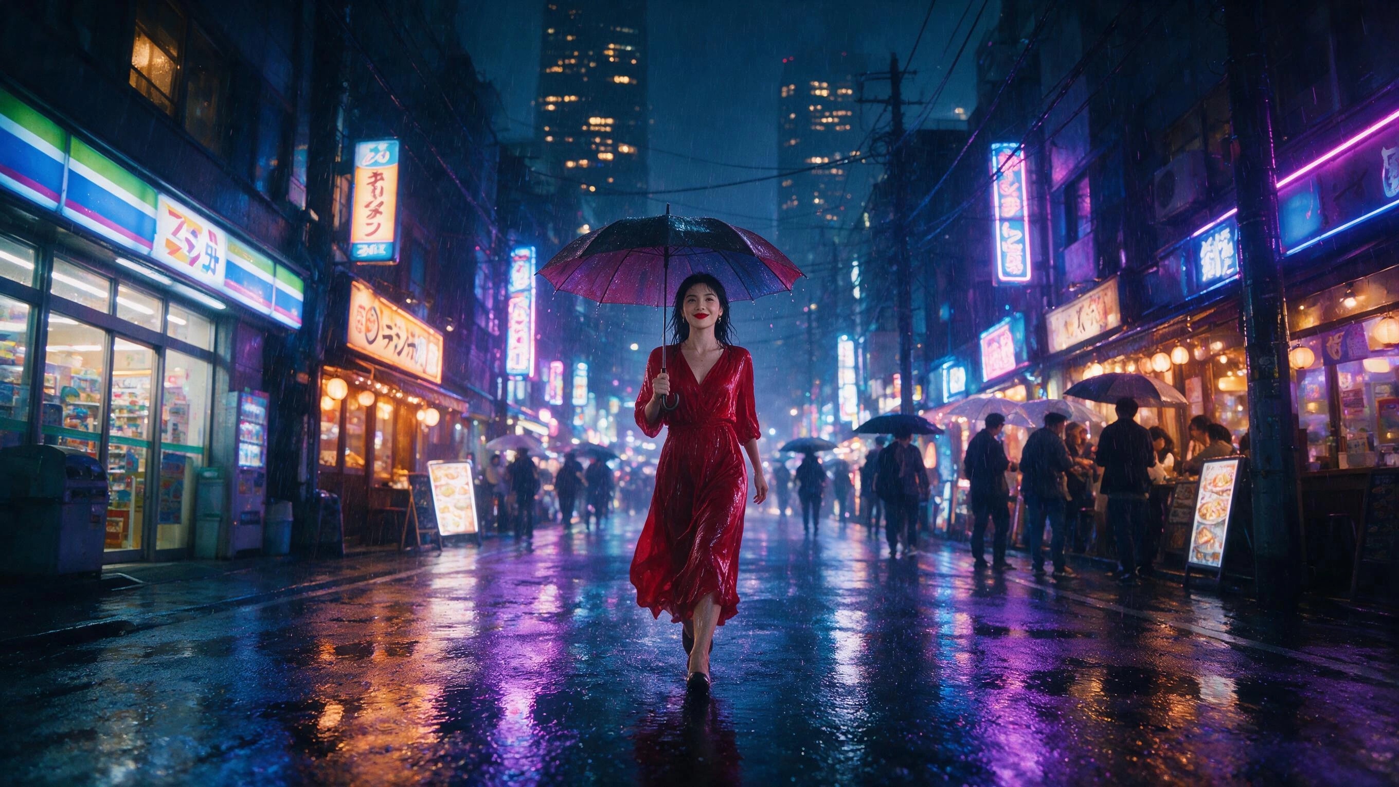 Photoreal render of a woman in a flowing red dress walking through a neon-lit Tokyo street in the rain, generated on Creamify's Dream engine